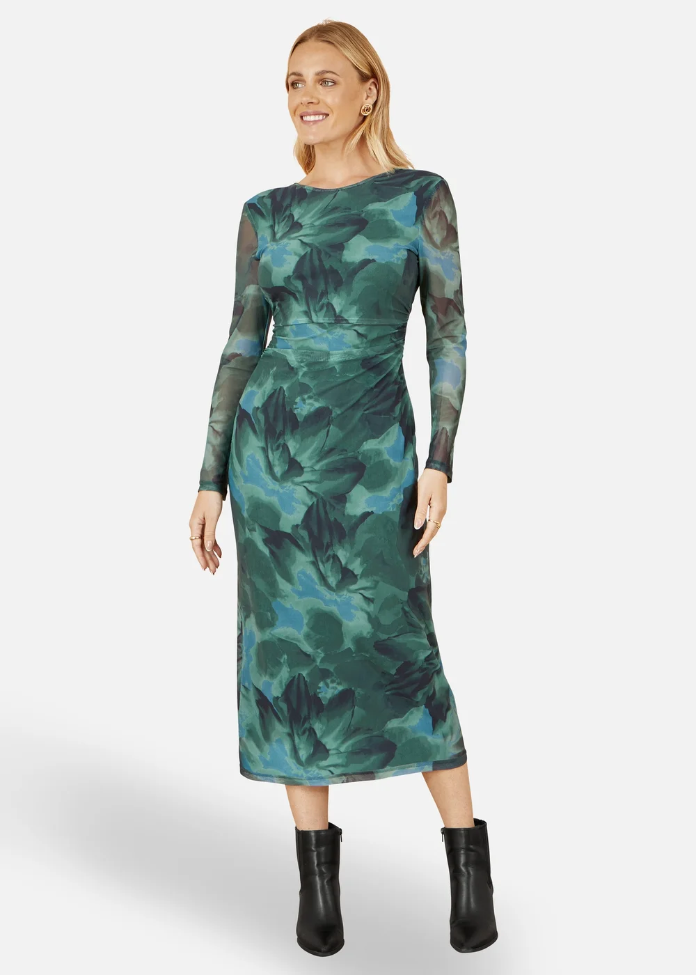 Yumi Green Floral Mesh Bodycon Dress With Tie Back - 10 Yumi Green Floral Mesh Bodycon Dress With Tie Back - 10