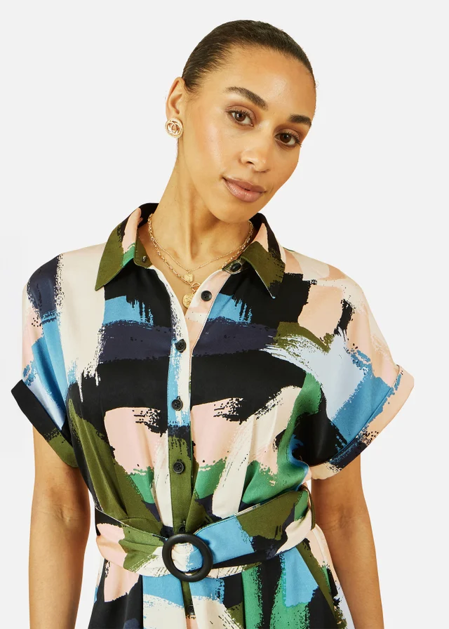 Yumi Multi Brushstroke Print Relaxed Midi shirt Dress
