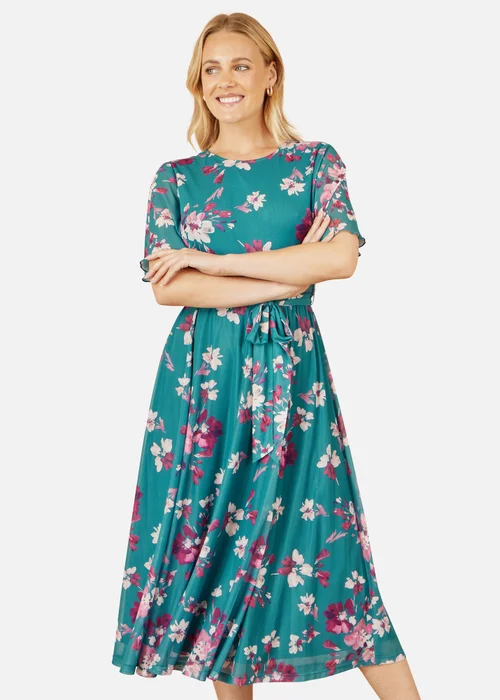 Yumi Teal Mesh Skater Floral Midi Dress - 10 Image 2