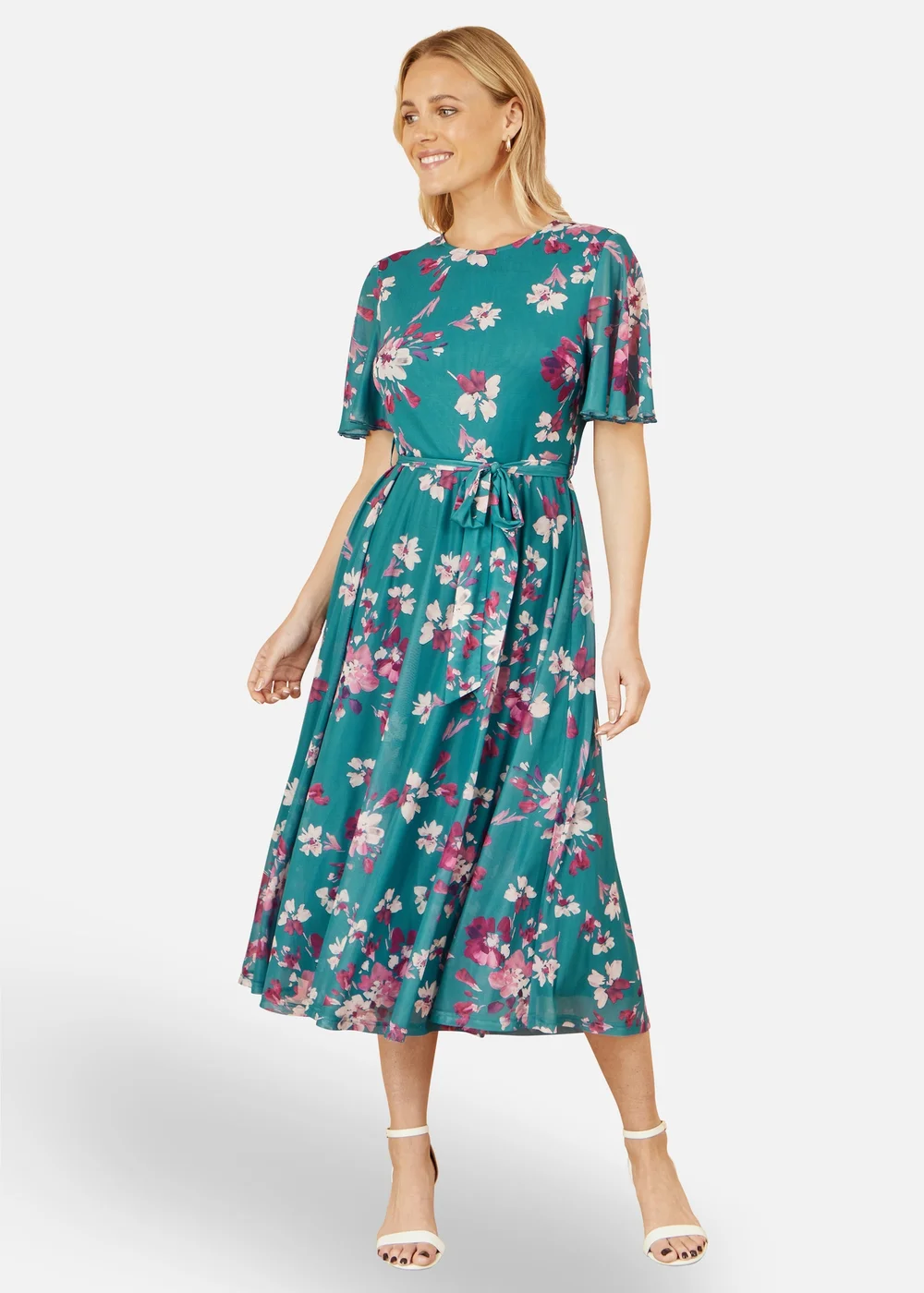 Yumi Teal Mesh Skater Floral Midi Dress - 10 Image 1