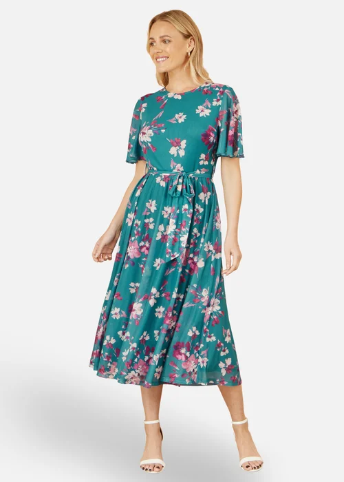 Yumi Teal Mesh Skater Floral Midi Dress - 10 Image 1