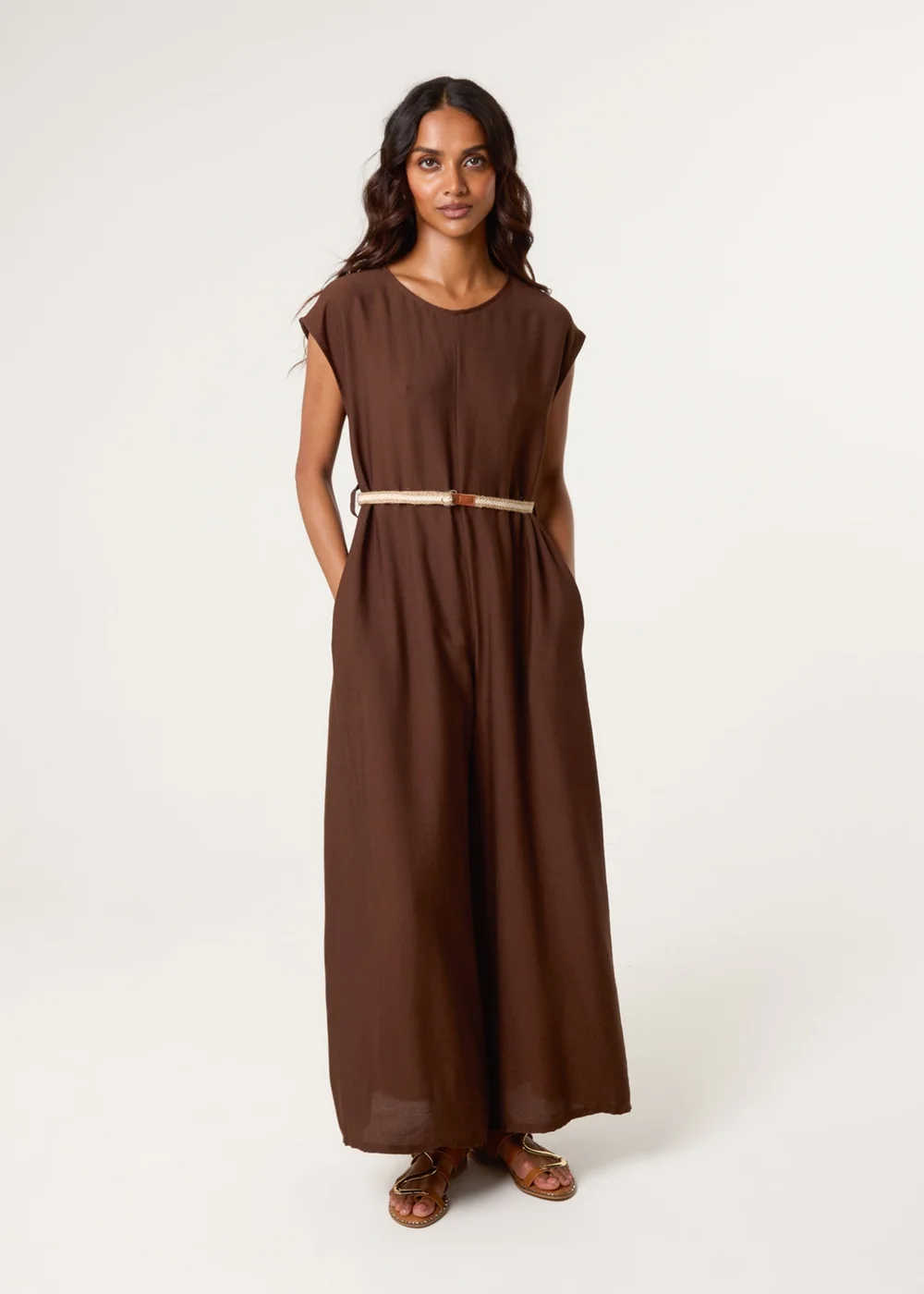 Blue Vanilla Brown Plain Belted Jumpsuit - One Size Image 3