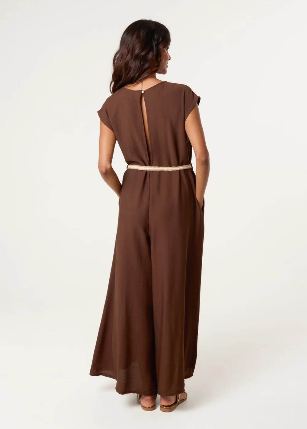 Blue Vanilla Brown Plain Belted Jumpsuit - One Size Image 4