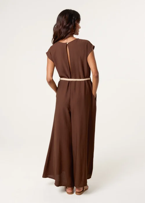 Blue Vanilla Brown Plain Belted Jumpsuit - One Size Image 4