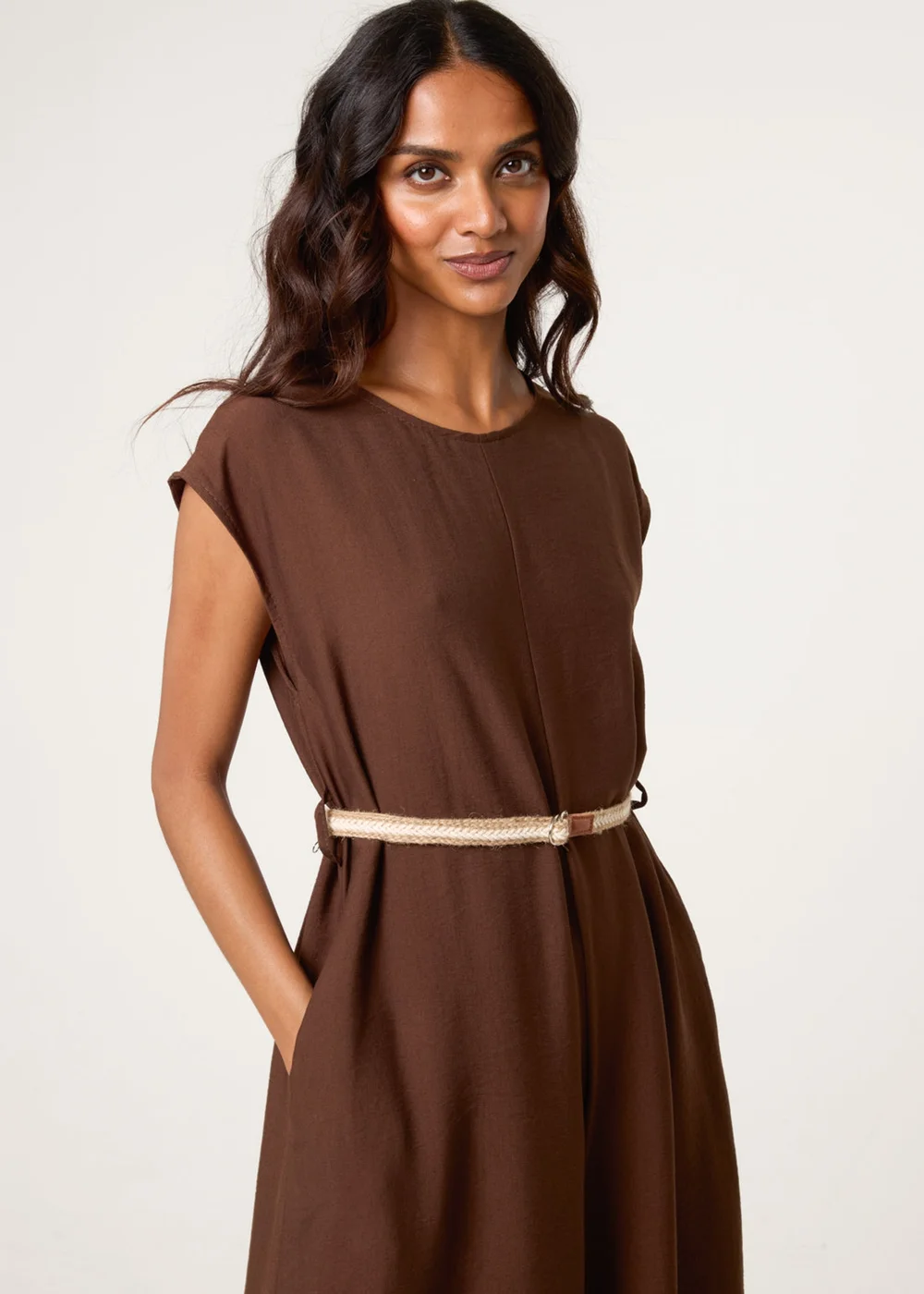 Blue Vanilla Brown Plain Belted Jumpsuit - One Size Image 2