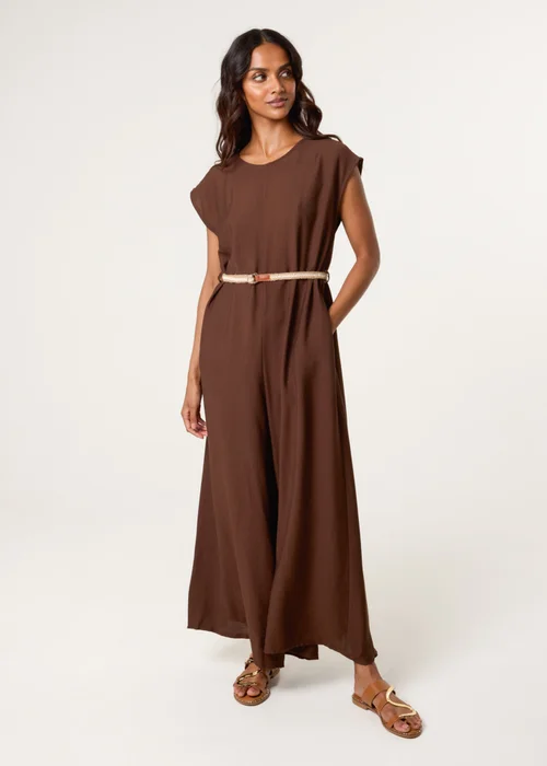 Blue Vanilla Brown Plain Belted Jumpsuit - One Size Image 1