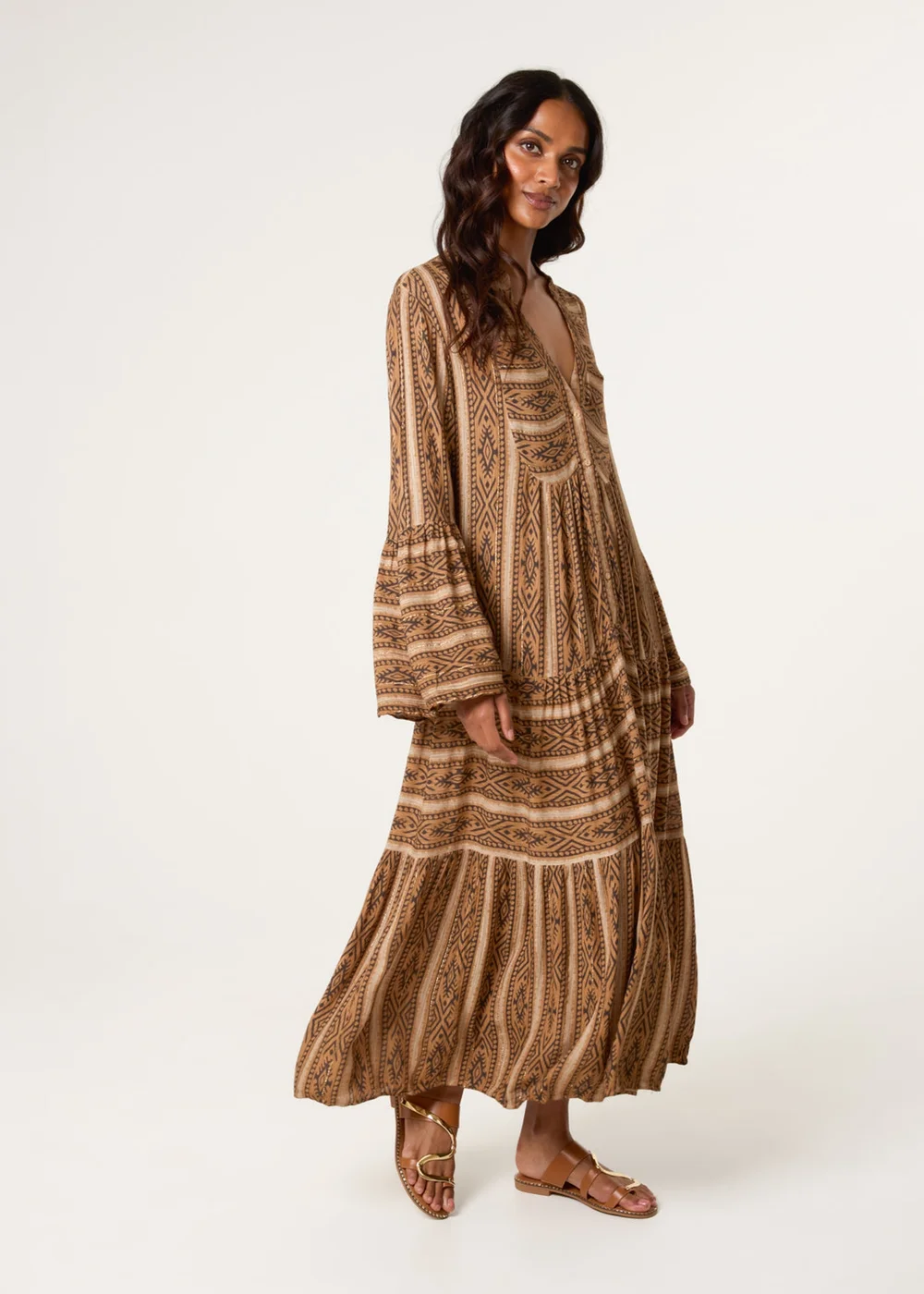 Blue Vanilla Brown V Neck Aztec Smock Dress - S/M | Matalan Blue Vanilla Brown V Neck Aztec Smock Dress - S/M | Matalan