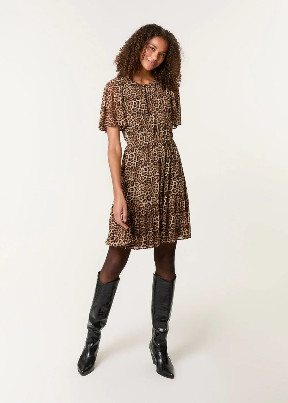 Blue Vanilla Brown Leopard Print Mesh Crew Neck Mini Dress - S Image 2