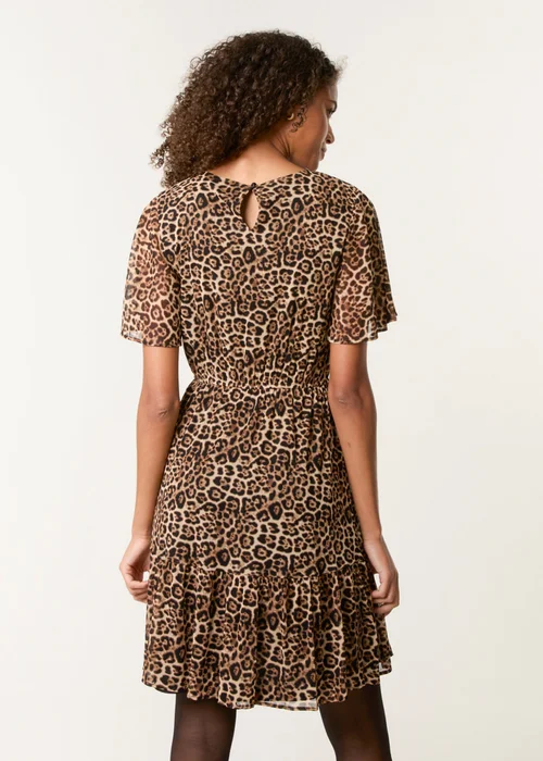 Blue Vanilla Brown Leopard Print Mesh Crew Neck Mini Dress - S Image 4