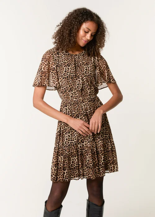Blue Vanilla Brown Leopard Print Mesh Crew Neck Mini Dress - S Image 1
