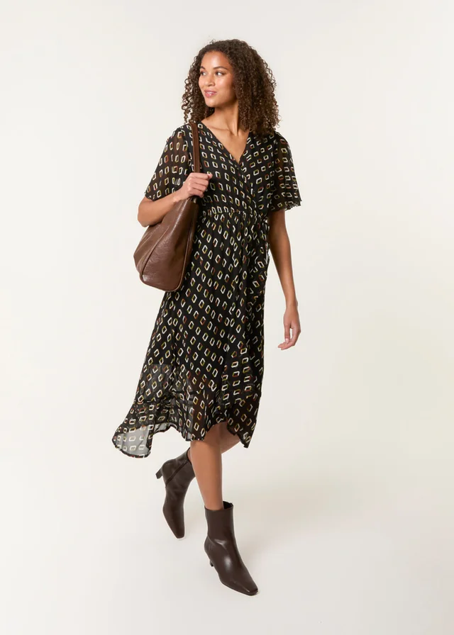 Blue Vanilla Black Geometric Mesh Ruffle Wrap Dress