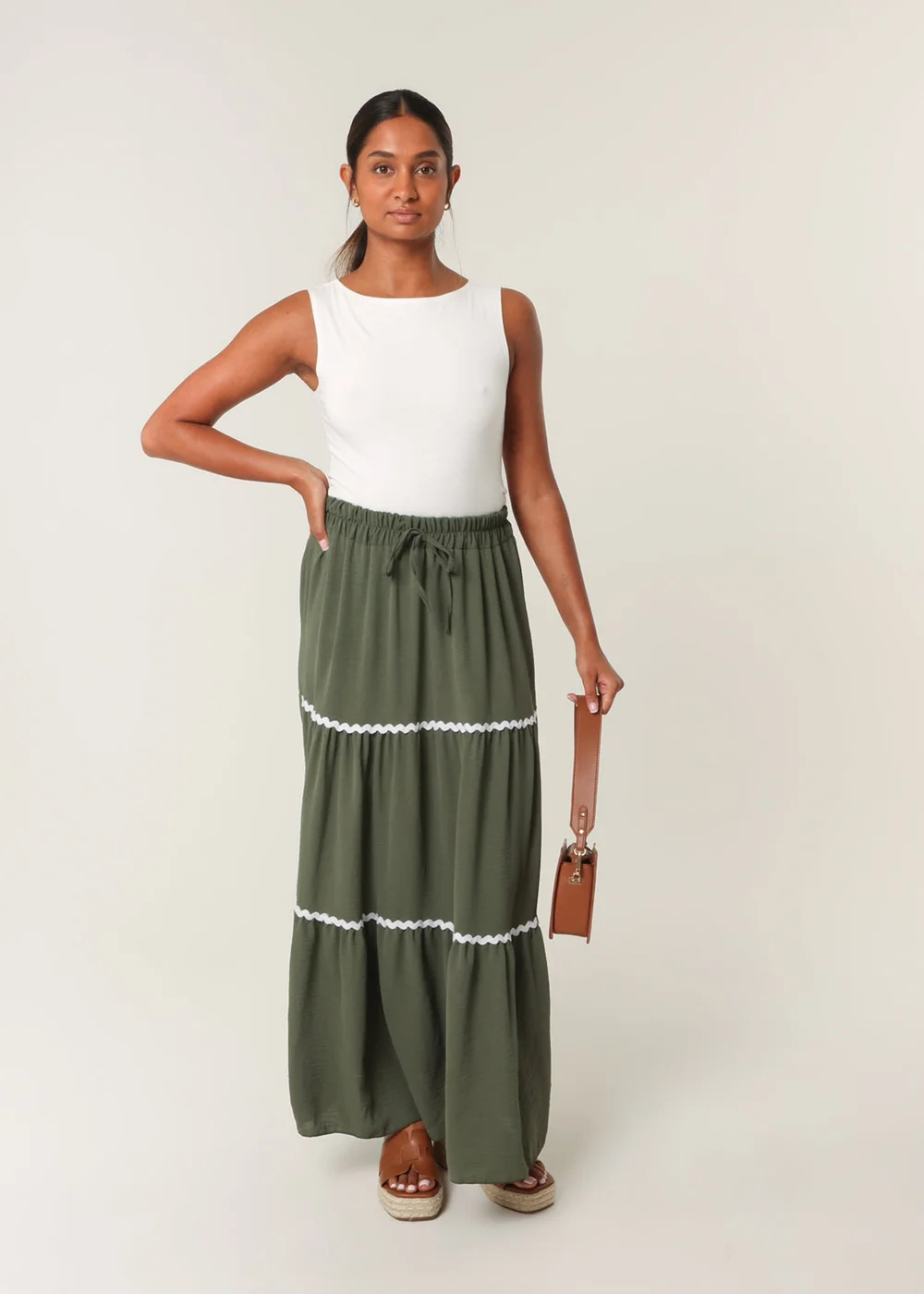 Blue Vanilla Khaki Tape Zig Zag Tiered Maxi Skirt - M/L Image 1