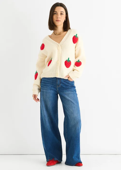 Gini London Cream Contrast Strawberry Knitted Short Cardigan - M/L Image 2
