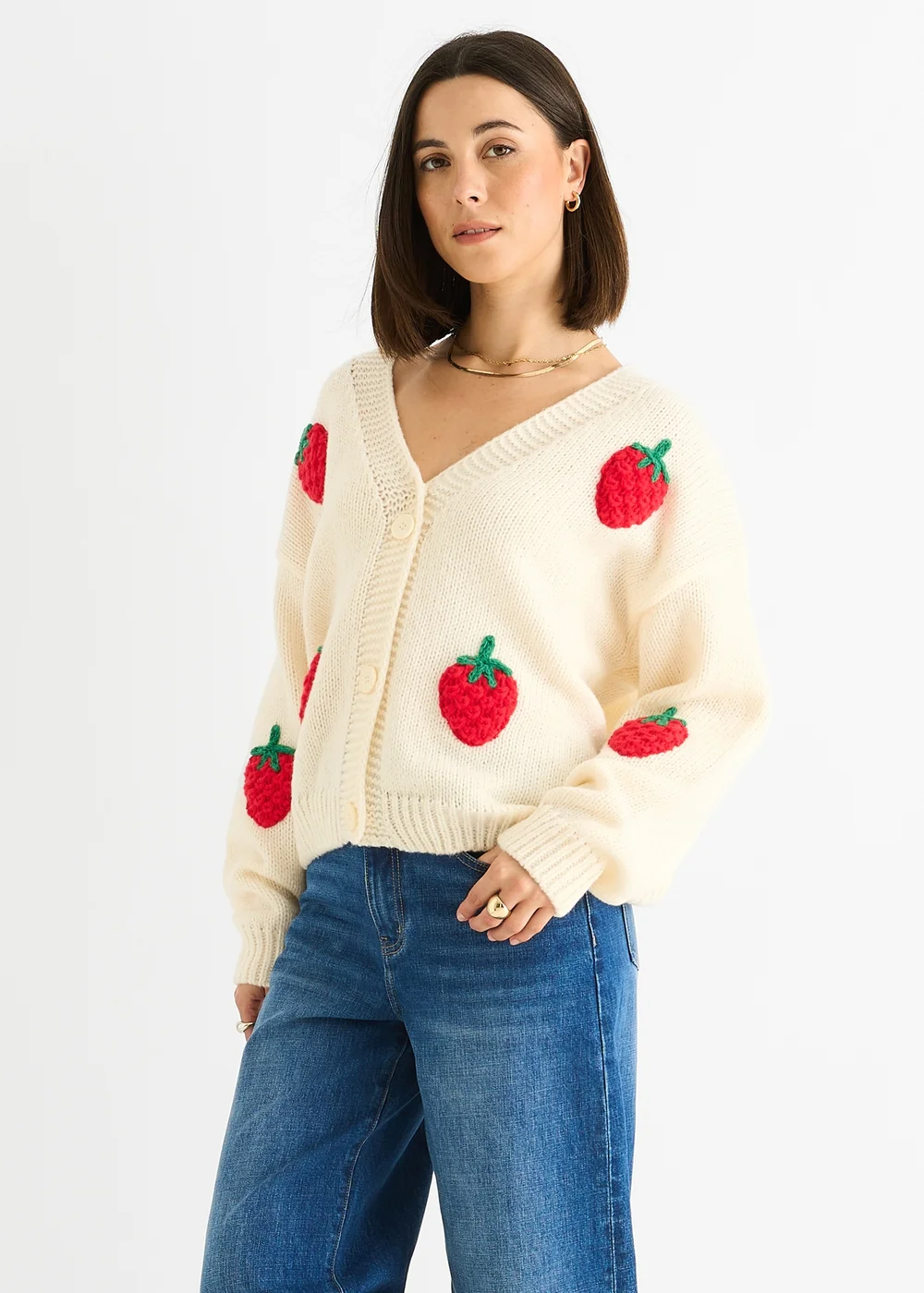 Gini London Cream Contrast Strawberry Knitted Short Cardigan - M/L Image 5