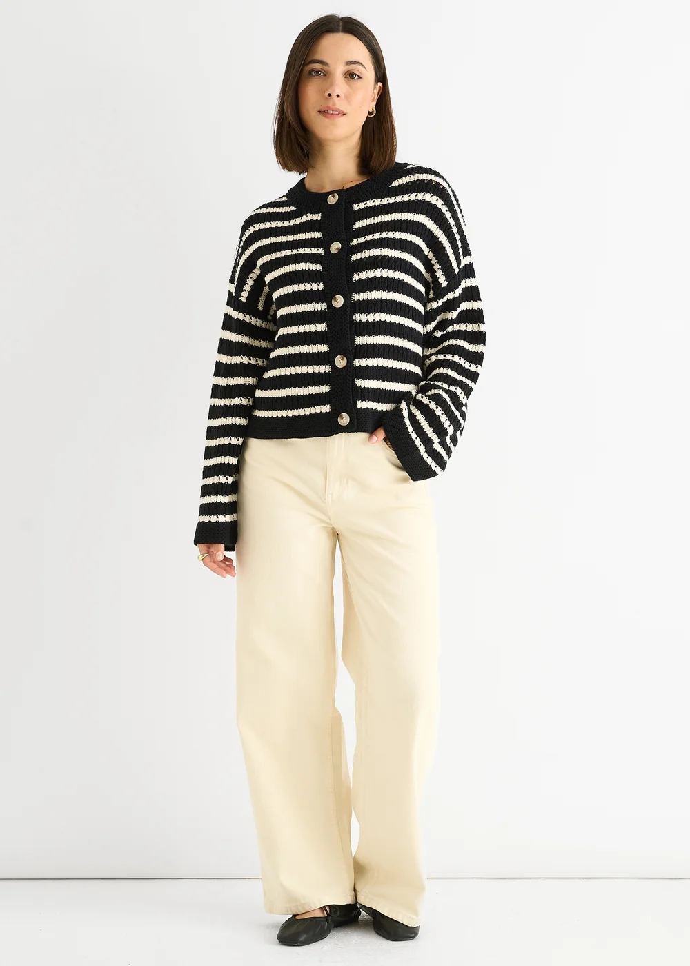 Gini London Black Stripe Cable Knit Crop Cardigan - L/XL Image 1