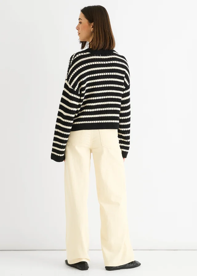 Gini London Black Stripe Cable Knit Crop Cardigan