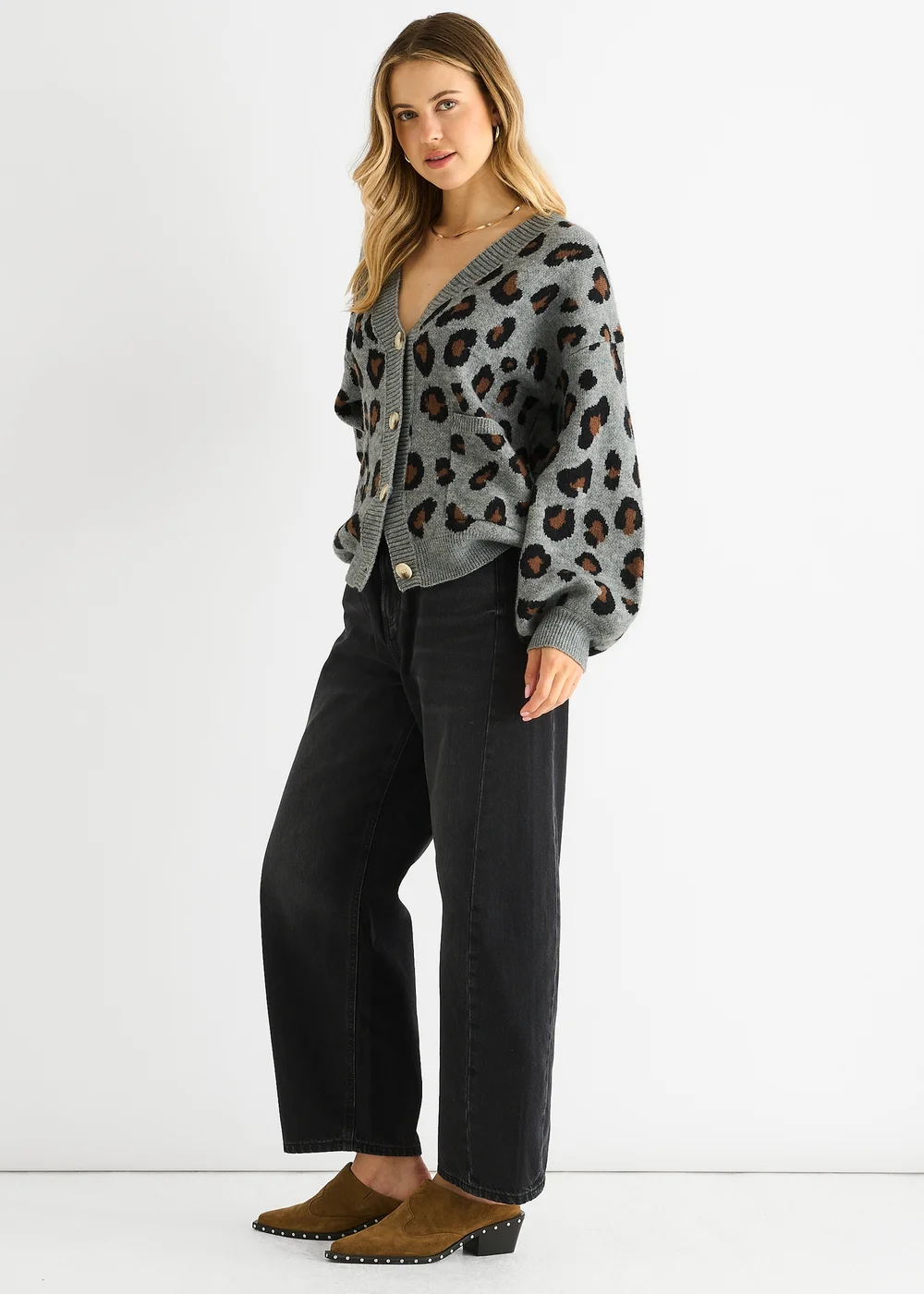 Gini London Grey Animal Print Knit Short Cardigan - Small/Medium Image 4
