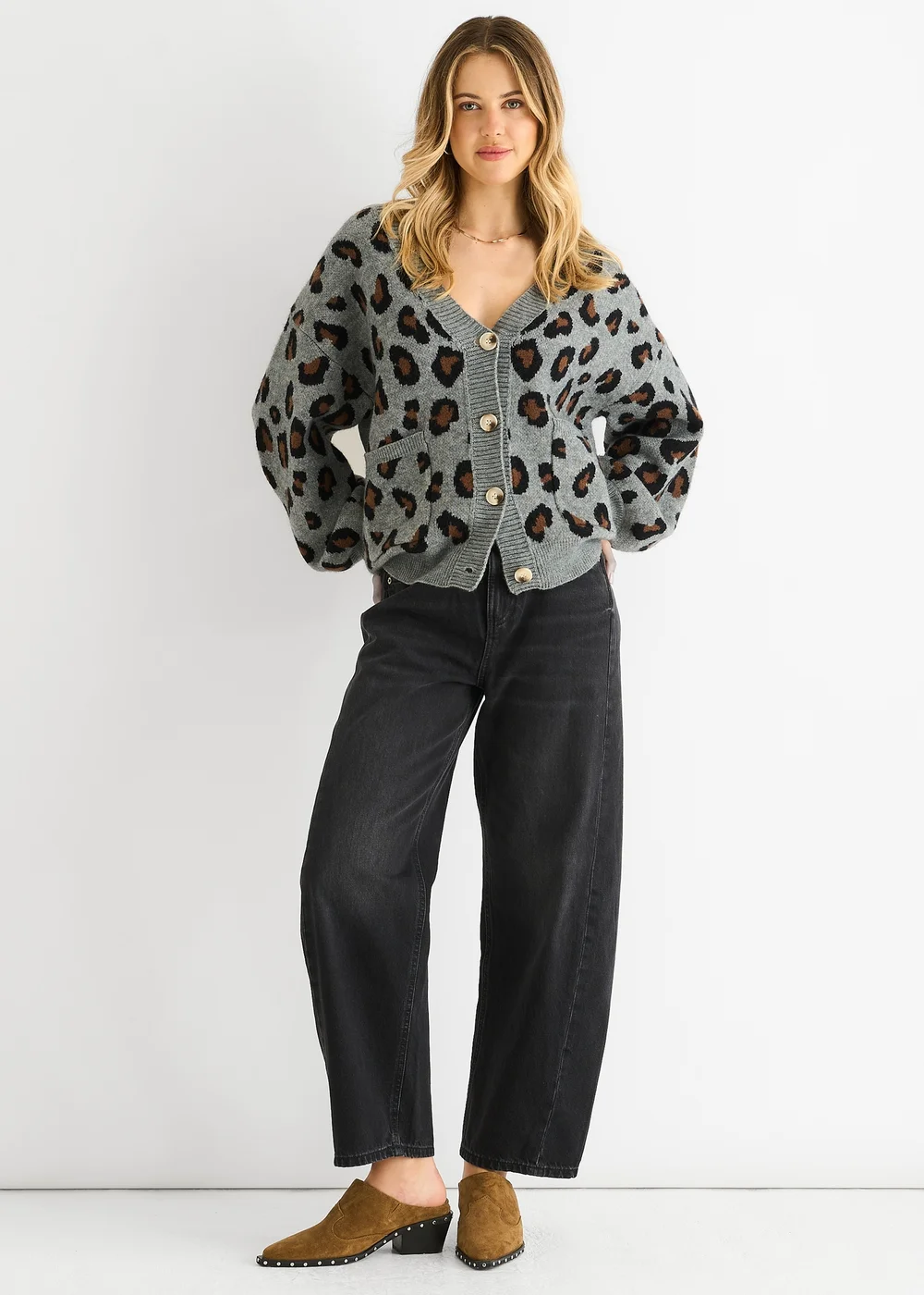 Gini London Grey Animal Print Knit Short Cardigan - Small/Medium Image 1