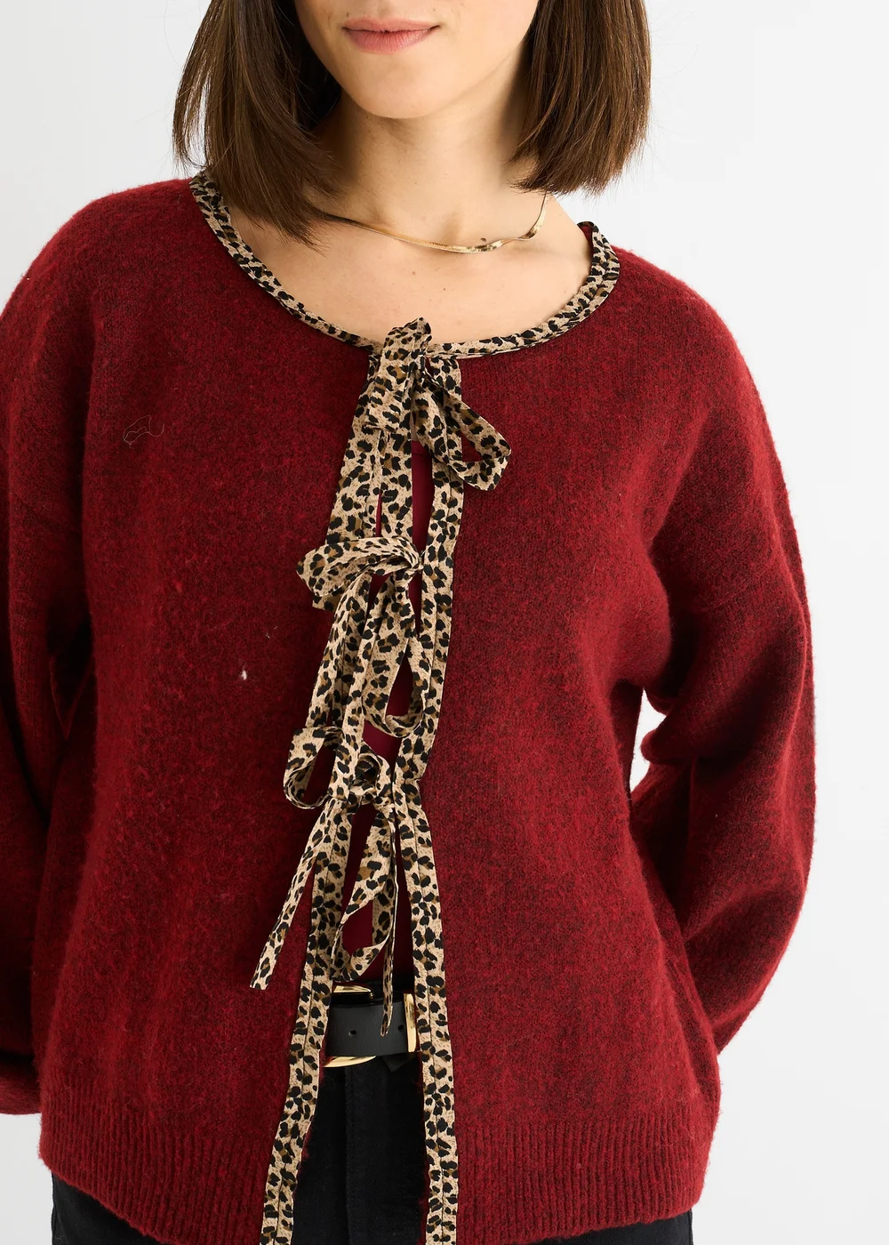 Gini London Burgundy Contrast Animal Tie Oversized Knit Cardigan - L/XL Image 3