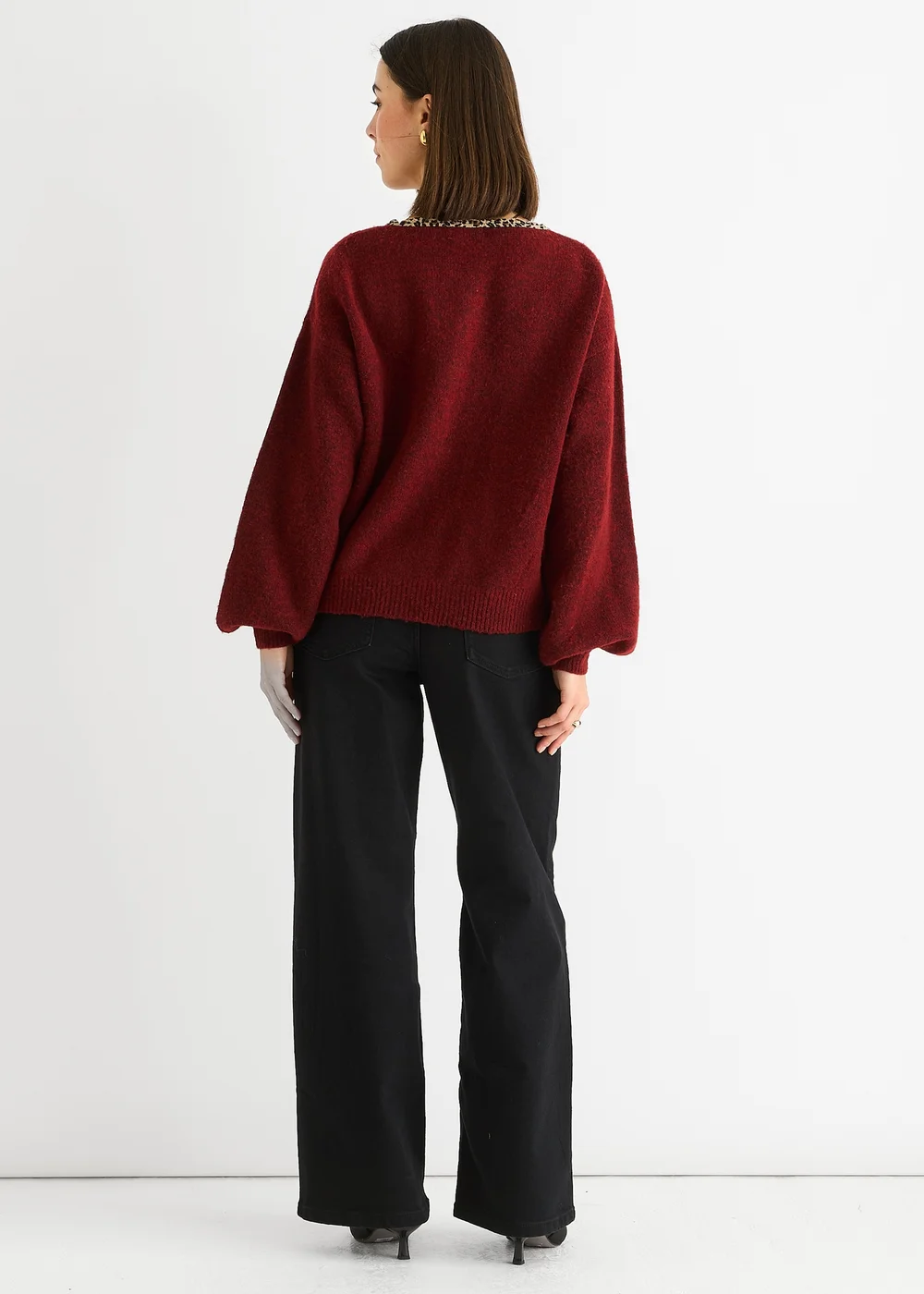 Gini London Burgundy Contrast Animal Tie Oversized Knit Cardigan - L/XL Image 2