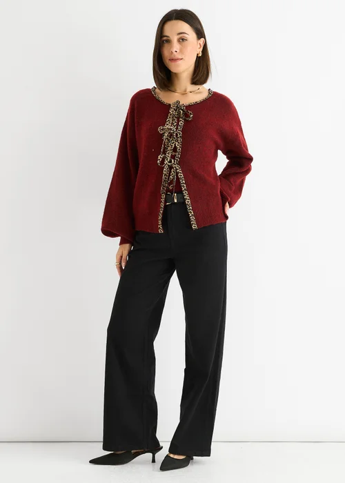 Gini London Burgundy Contrast Animal Tie Oversized Knit Cardigan - L/XL Image 1