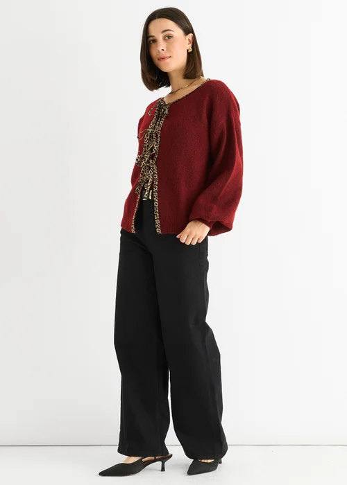 Gini London Burgundy Contrast Animal Tie Oversized Knit Cardigan - L/XL Image 4