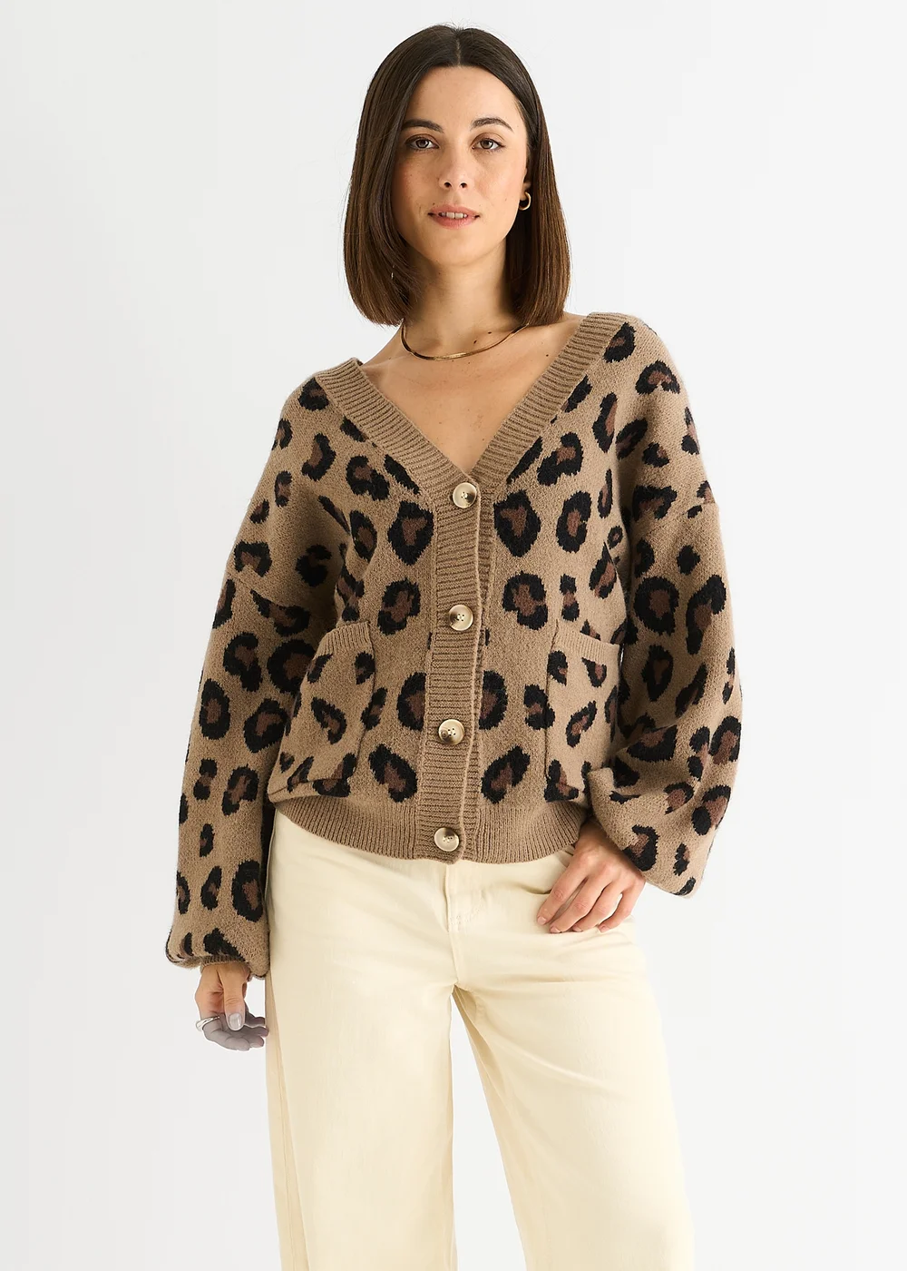 Gini London Camel Animal Print Knit Short Cardigan - Small/Medium Image 1