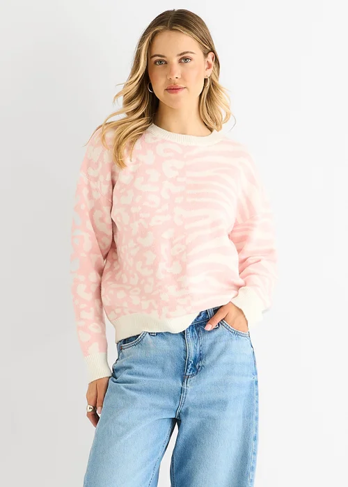 Gini London Pink Contrast Zebra Animal Knit Jumper - Small/Medium Image 3
