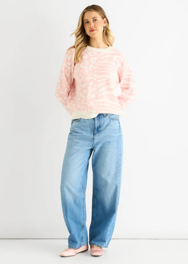 Gini London Pink Contrast Zebra Animal Knit Jumper