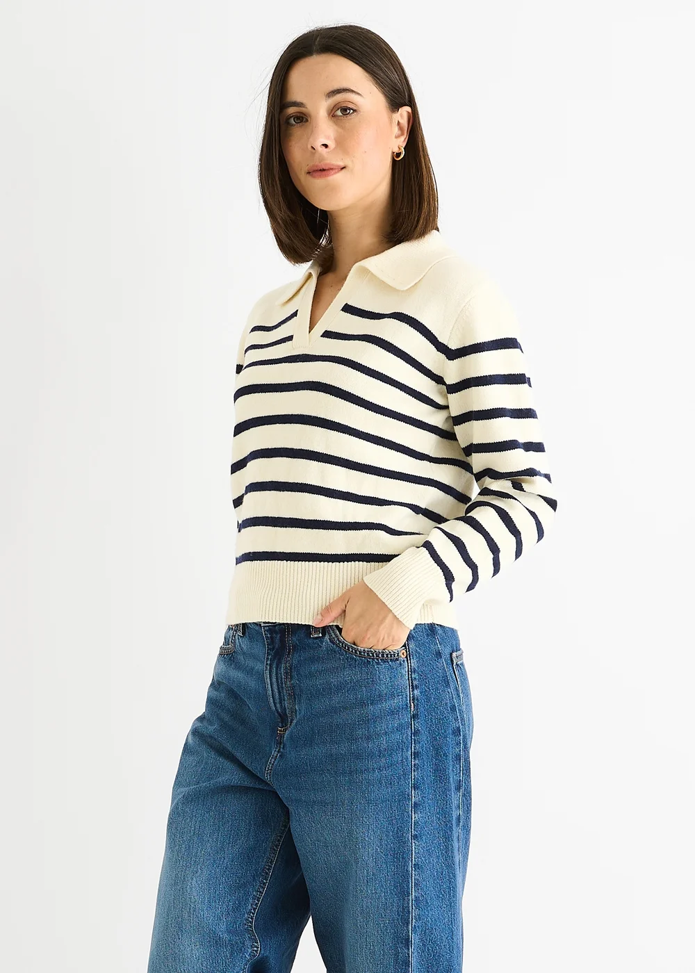 Gini London Cream Recycle Stripe V Neck Collar Knit Jumper - M/L Image 3