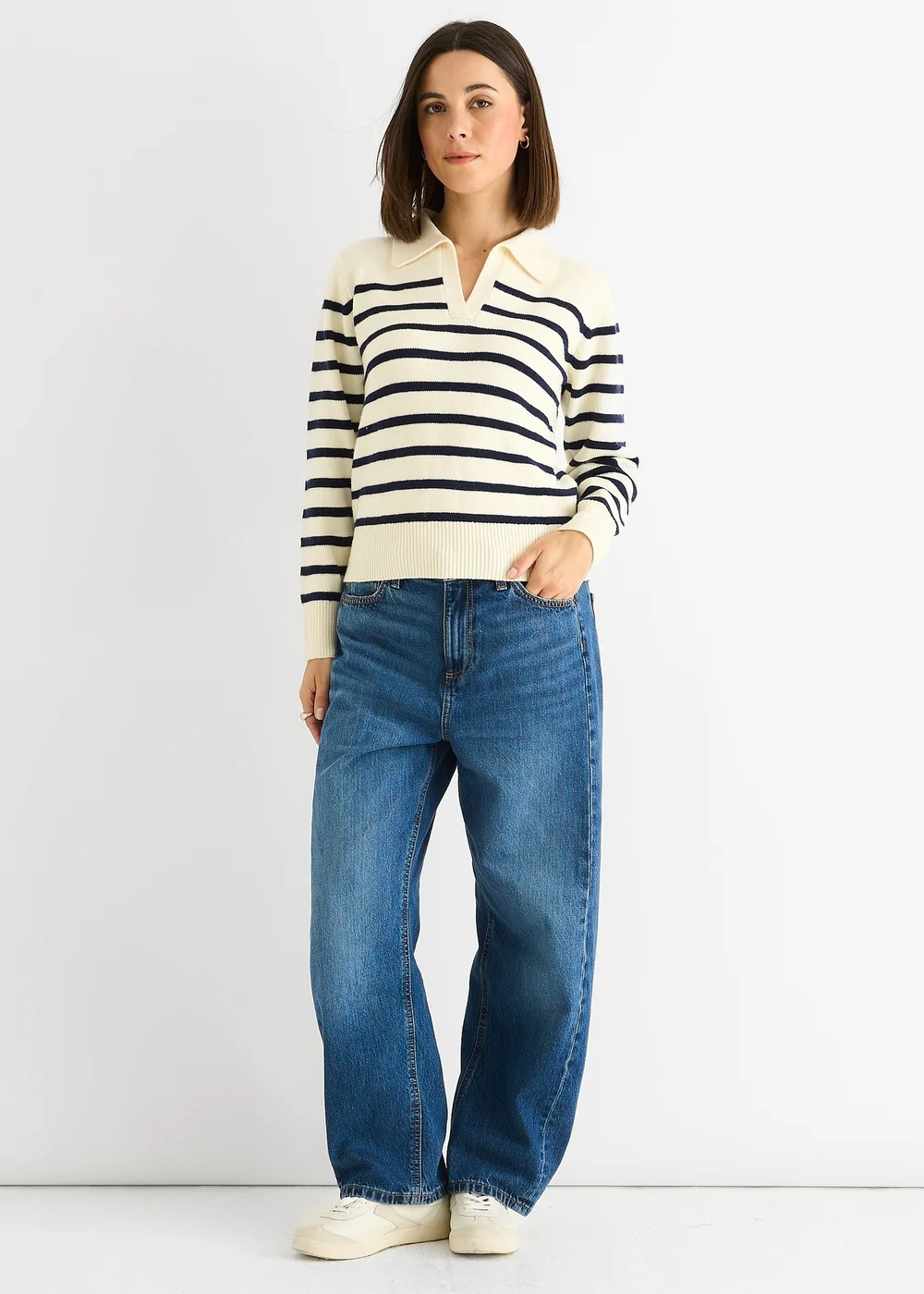 Gini London Cream Recycle Stripe V Neck Collar Knit Jumper - M/L Image 1
