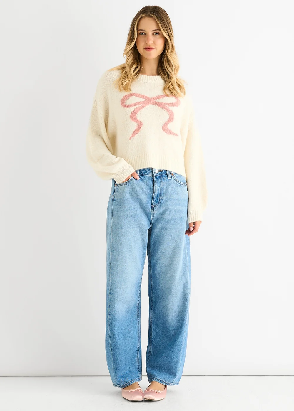 Gini London Cream Embossed Contrast Bow Short Knit Jumper - Medium/Large Image 1