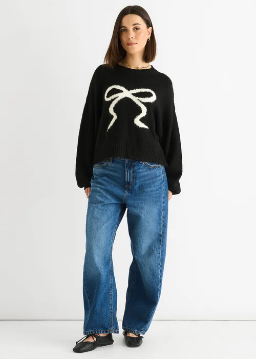Gini London Black Embossed Contrast Bow Short Knit Jumper - M/L Image 1