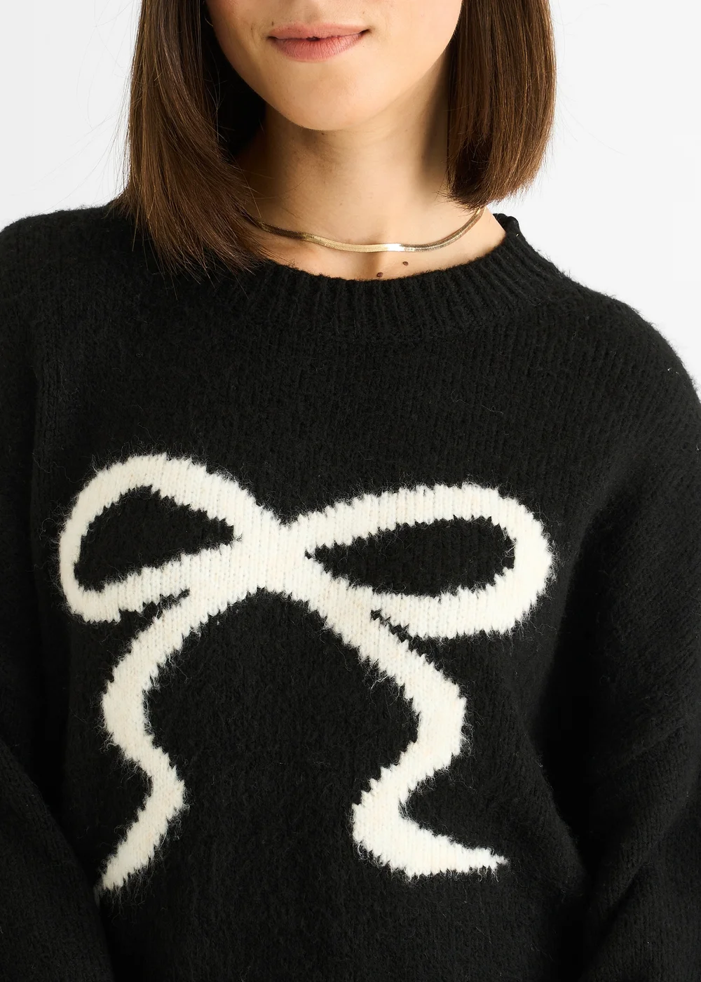 Gini London Black Embossed Contrast Bow Short Knit Jumper - M/L Image 3