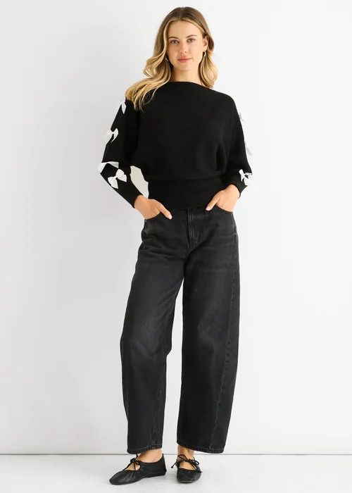 Gini London Black Slash Neck Crop Bow Knit Jumper - L/XL Image 1