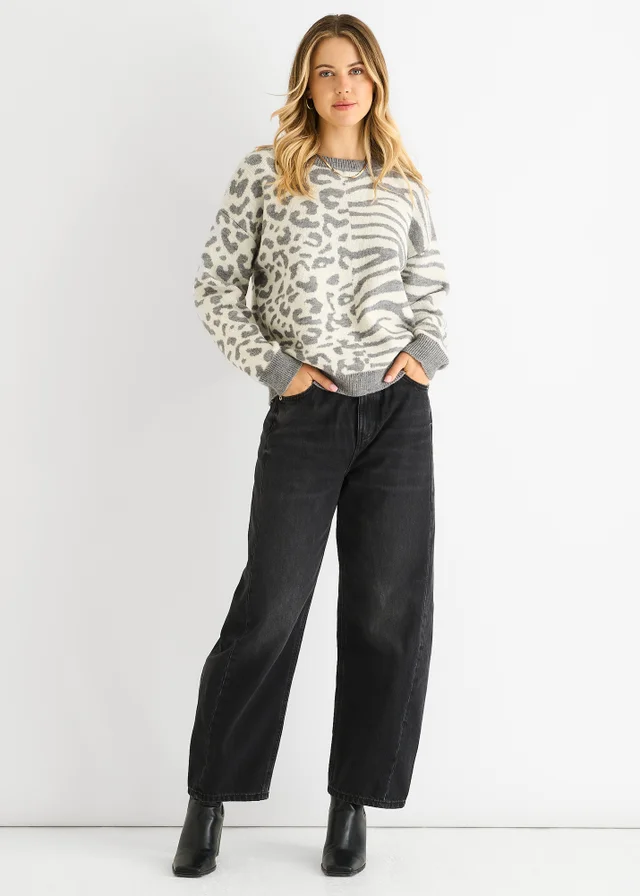 Gini London Grey Contrast Zebra Animal Knit Jumper