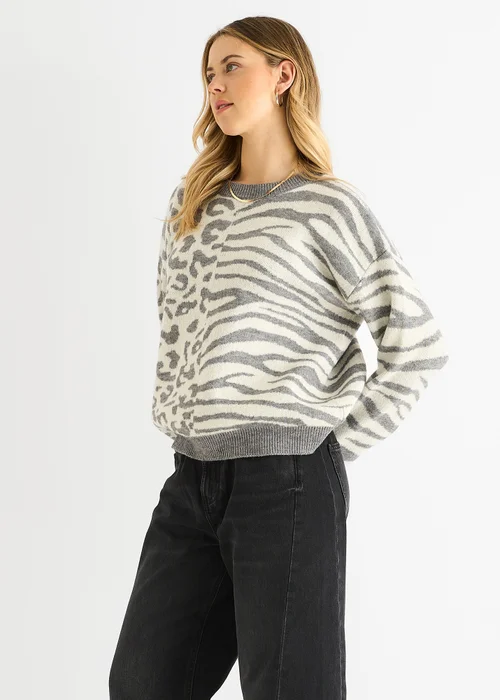 Gini London Grey Contrast Zebra Animal Knit Jumper - L/XL Image 3