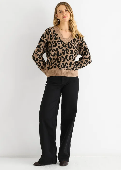 Gini London Camel Animal V Neck Short Knit Jumper - Medium/Large Image 1