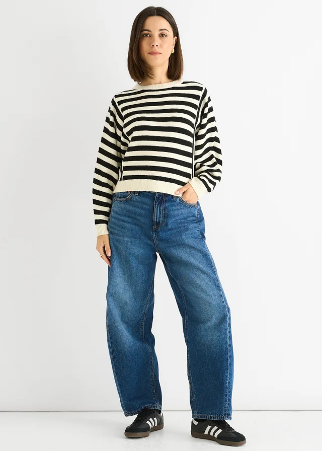 Gini London White Recycle Contrast Stripe Loose Fit Knit Jumper