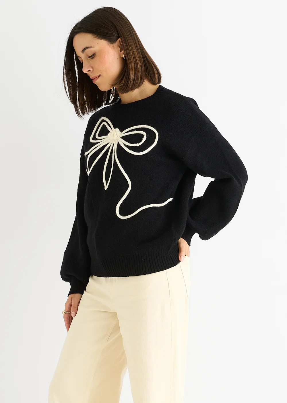 Gini London Black Contrast Bow pattern oversized Jumper - L/XL Image 4