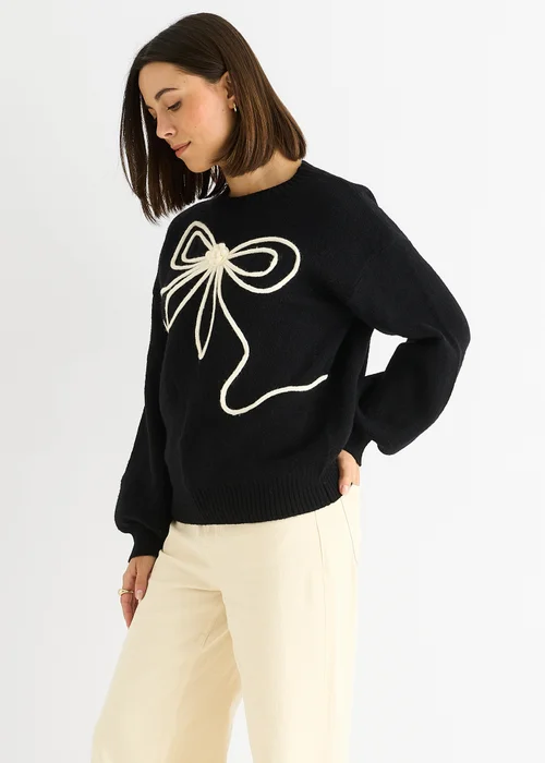 Gini London Black Contrast Bow pattern oversized Jumper - L/XL Image 4