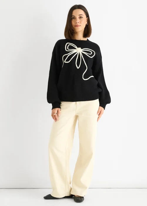 Gini London Black Contrast Bow pattern oversized Jumper - L/XL Image 1