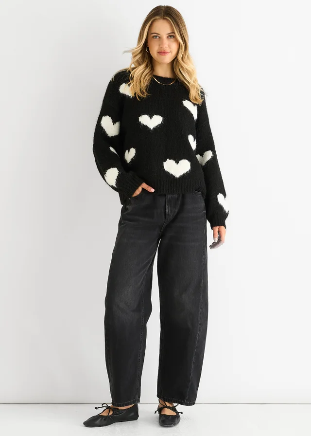 Gini London Black Contrast Heart Oversized Knit Jumper
