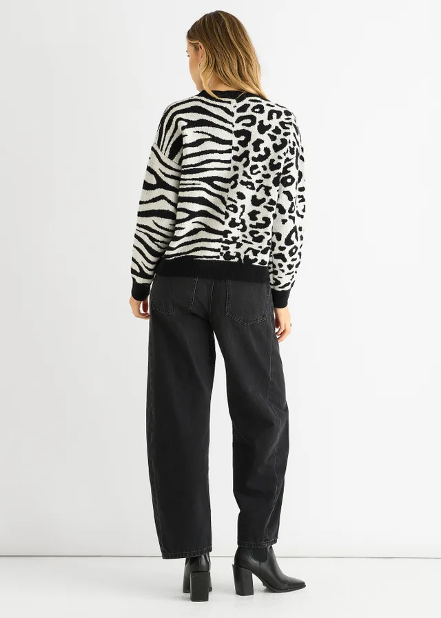 Gini London Black Contrast Zebra Animal Knit Jumper