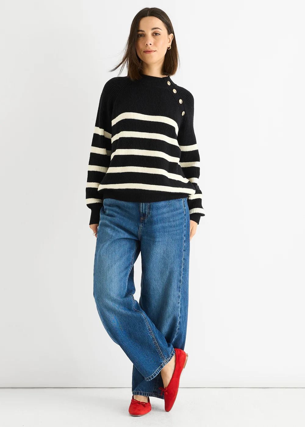 Gini London Black Stripe Cable Knit Button Oversized Jumper - Small/Medium Image 2