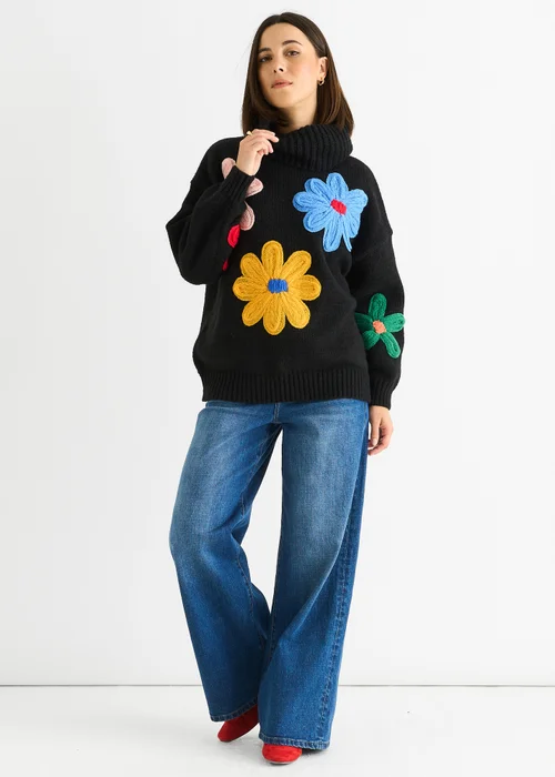 Gini London Black Floral Applique Oversized Jumper - Medium/Large Image 1
