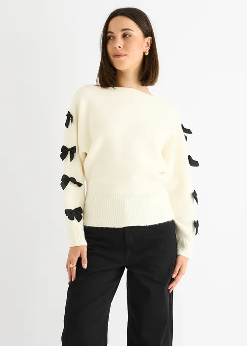 Gini London Cream Slash Neck Crop Bow Knit Jumper - Medium/Large Image 4