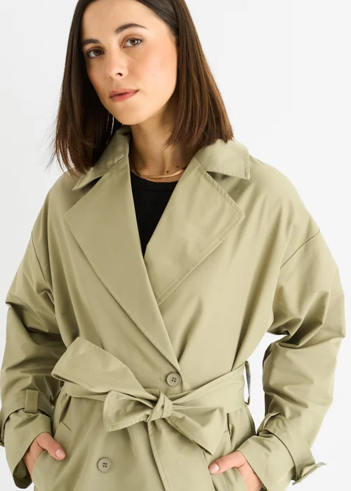 Gini London Sage Green Double Breast Longline Belted Trench Coat - 12 Image 4