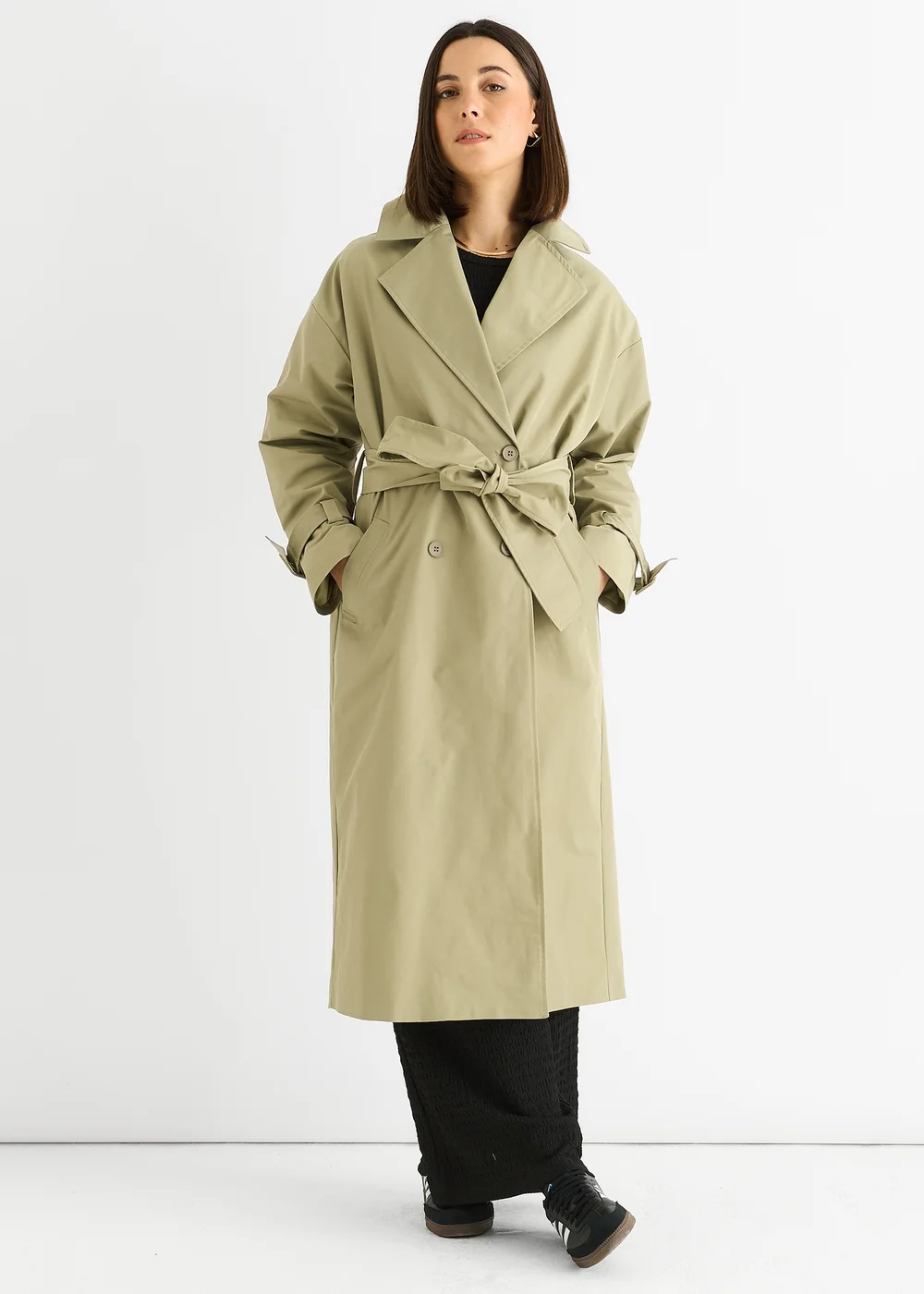 Gini London Sage Green Double Breast Longline Belted Trench Coat - 12 Image 2