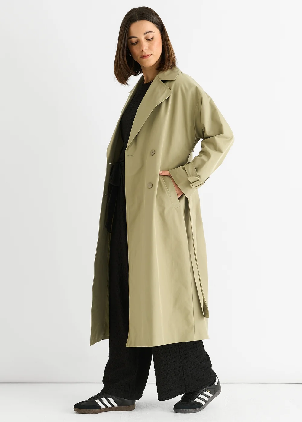Gini London Sage Green Double Breast Longline Belted Trench Coat - 12 Image 5
